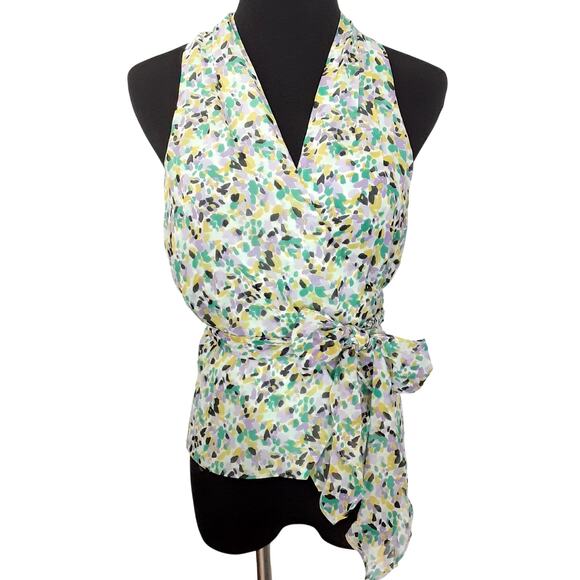 Nicole Miller 100% Silk Wrap Blouse V Neck Sleeveless Mint Floral Womens M - Picture 1 of 8